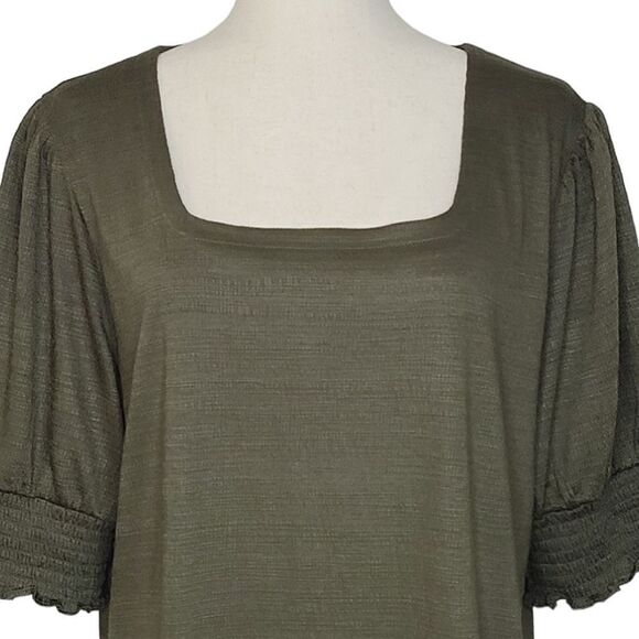 Nine West Army Green Textured Square Neck Elbow Sleeve Stretch Knit Blou… - Picture 5 of 8